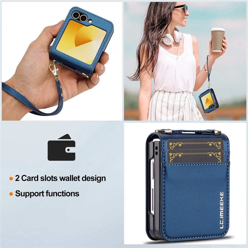 LC.IMEEKE for Samsung Galaxy Z Flip7 FE 5G / Z Flip6 5G Case Leather+PC Phone Cover with Straps Card Slots - Blue