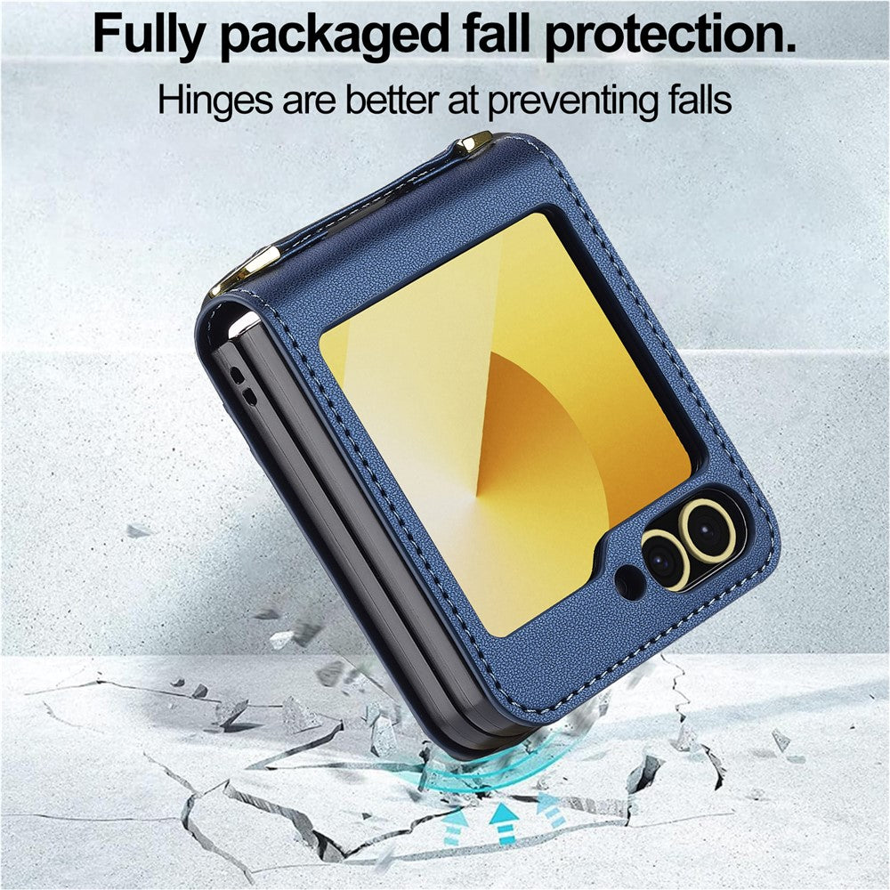LC.IMEEKE for Samsung Galaxy Z Flip7 FE 5G / Z Flip6 5G Case Leather+PC Phone Cover with Straps Card Slots - Blue