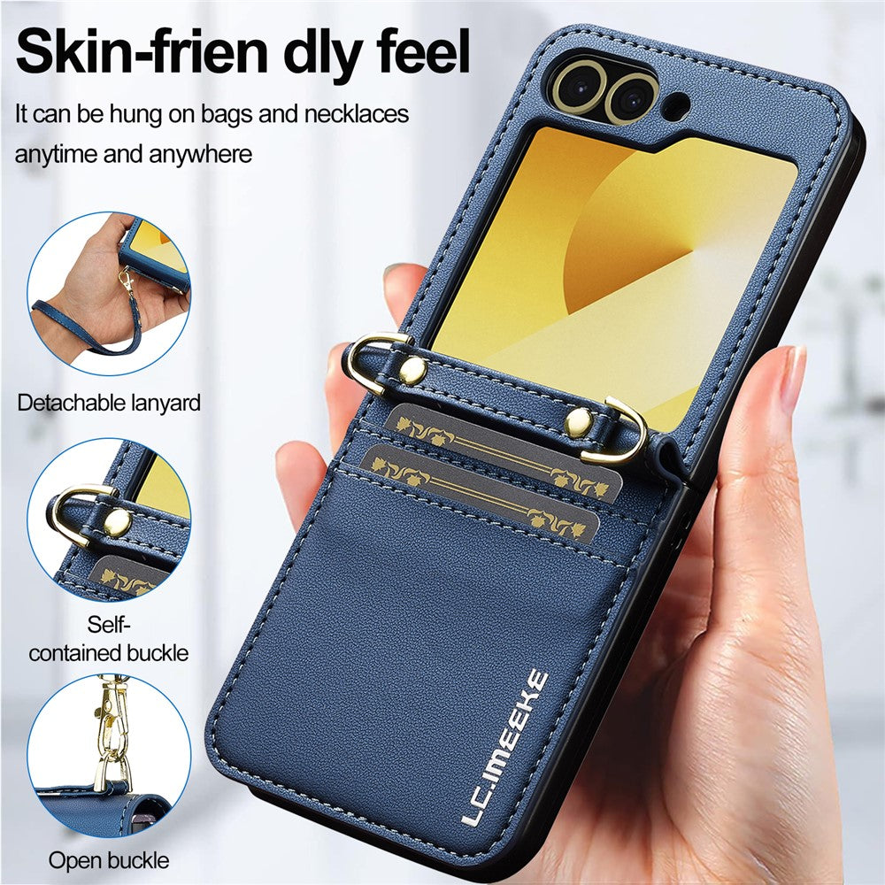 LC.IMEEKE for Samsung Galaxy Z Flip7 FE 5G / Z Flip6 5G Case Leather+PC Phone Cover with Straps Card Slots - Blue