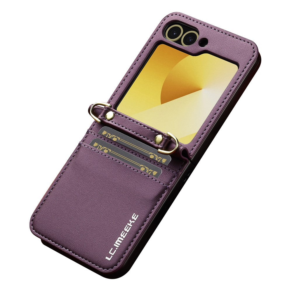 LC.IMEEKE for Samsung Galaxy Z Flip7 FE 5G / Z Flip6 5G Case Leather+PC Phone Cover with Straps Card Slots - Purple