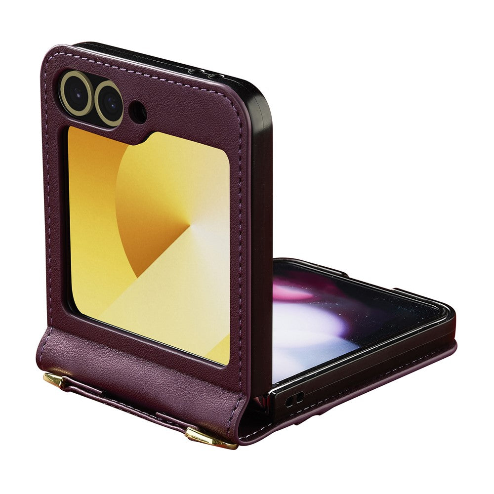 LC.IMEEKE for Samsung Galaxy Z Flip7 FE 5G / Z Flip6 5G Case Leather+PC Phone Cover with Straps Card Slots - Purple