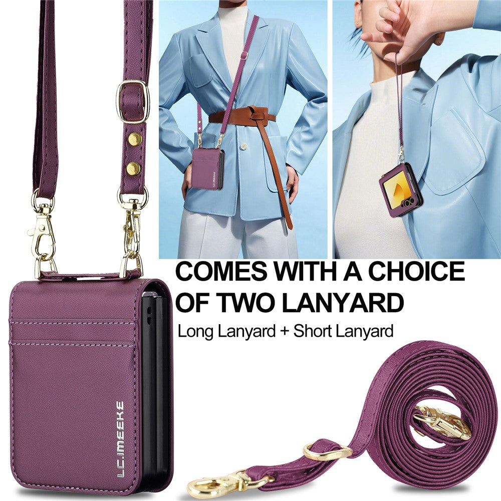 LC.IMEEKE for Samsung Galaxy Z Flip7 FE 5G / Z Flip6 5G Case Leather+PC Phone Cover with Straps Card Slots - Purple