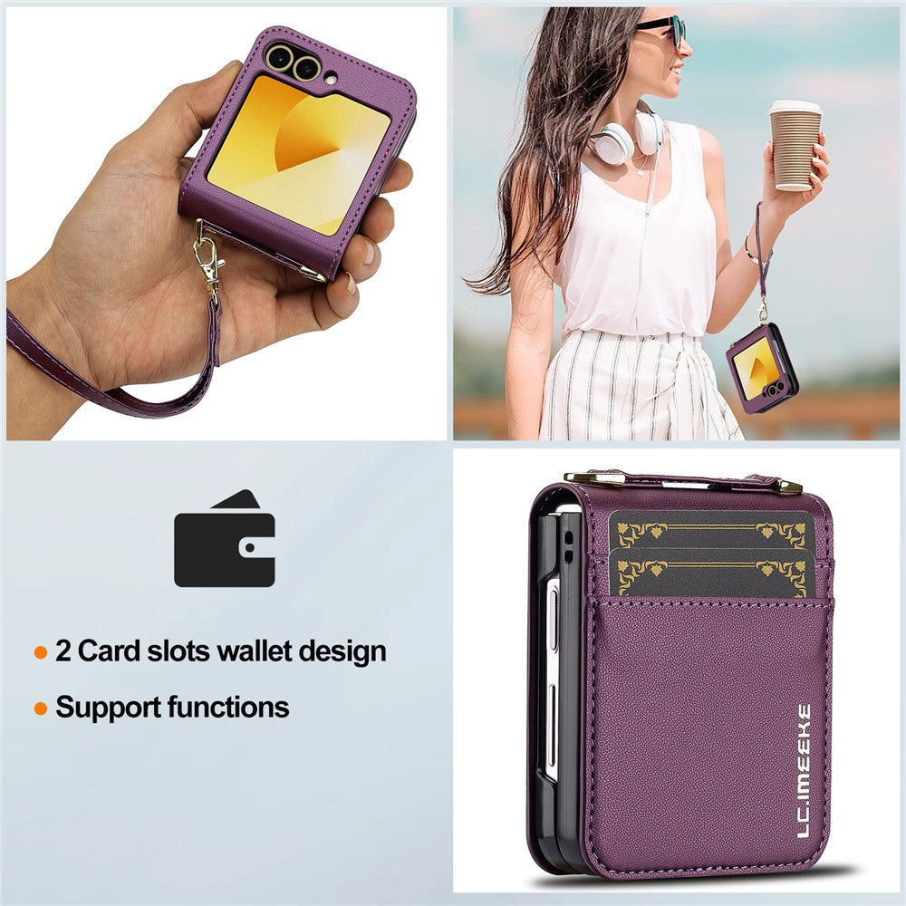 LC.IMEEKE for Samsung Galaxy Z Flip7 FE 5G / Z Flip6 5G Case Leather+PC Phone Cover with Straps Card Slots - Purple