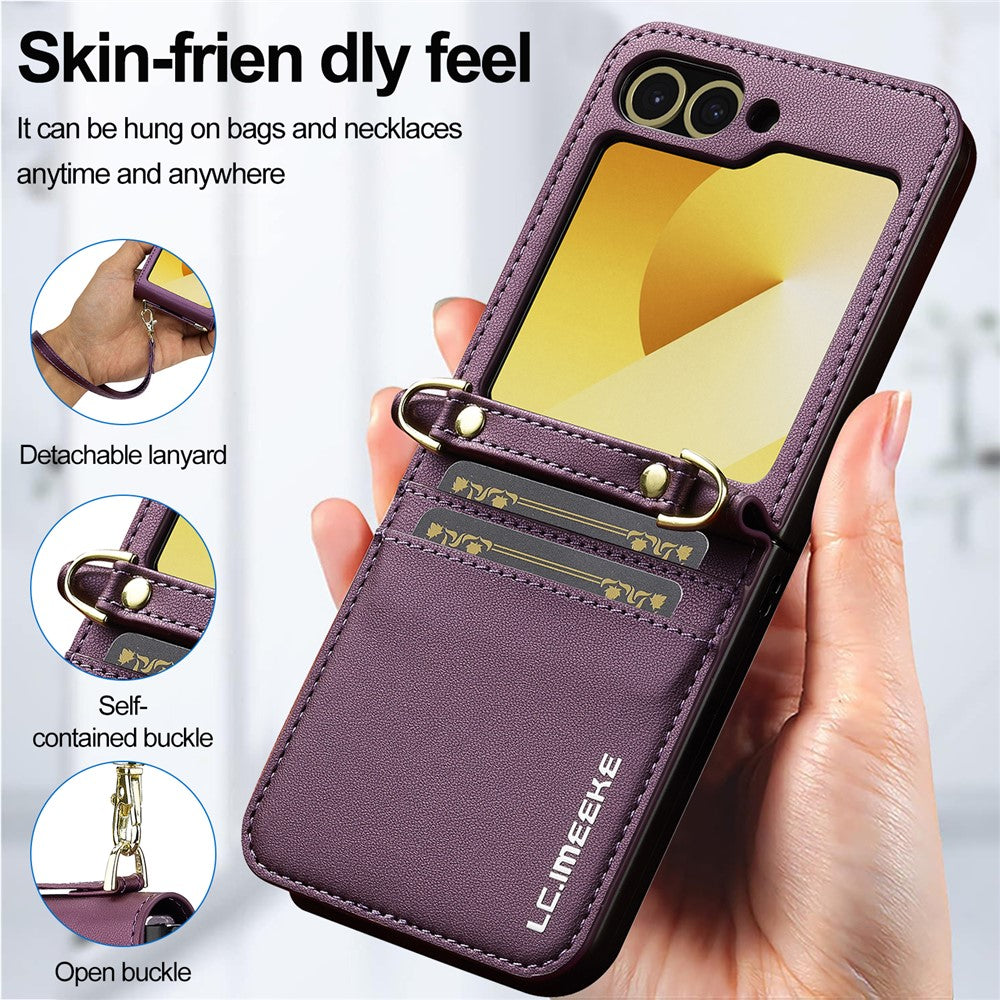 LC.IMEEKE for Samsung Galaxy Z Flip7 FE 5G / Z Flip6 5G Case Leather+PC Phone Cover with Straps Card Slots - Purple
