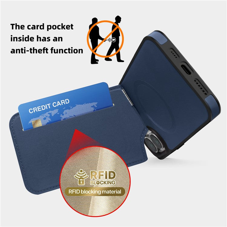 For iPhone 16 Case Compatible with MagSafe RFID Blocking Card Slot Leather Back Cover - Blue