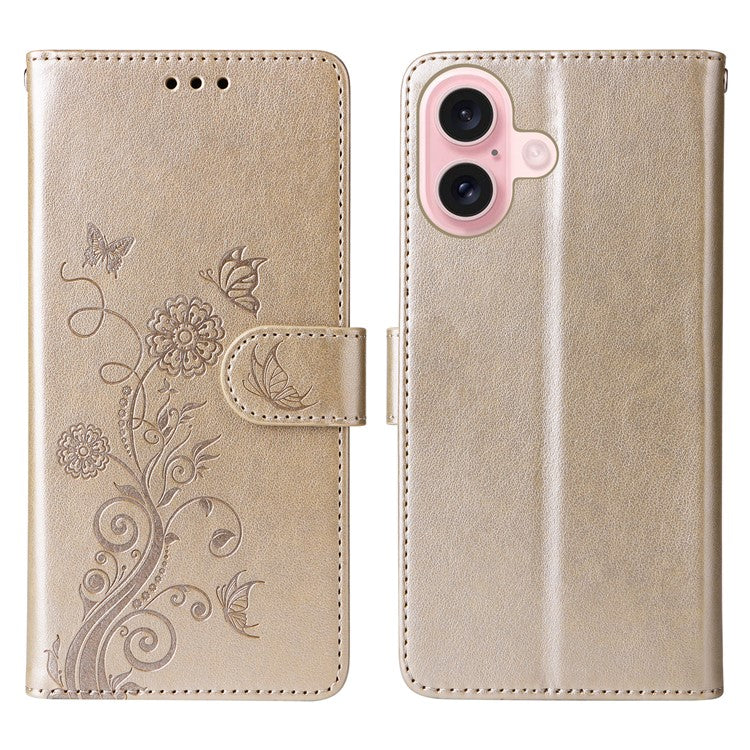 For iPhone 16 Leather Case Butterfly Floral Imprint Wallet Stand Cover - Gold
