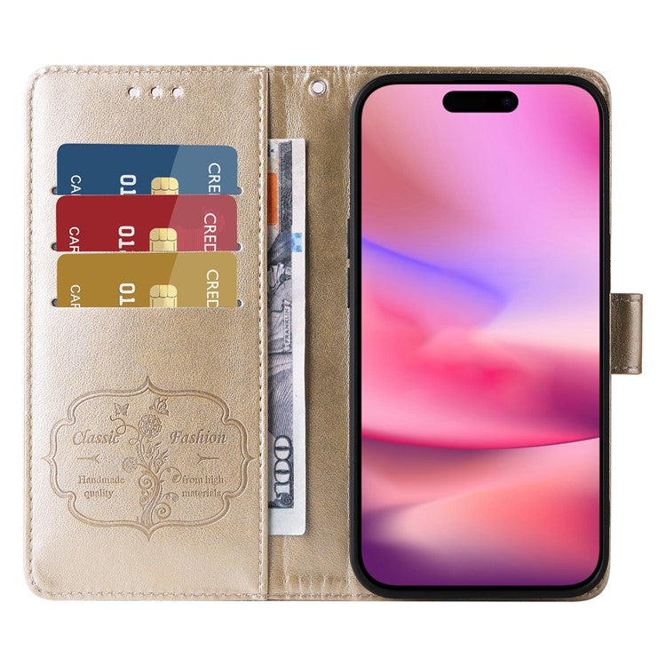 For iPhone 16 Leather Case Butterfly Floral Imprint Wallet Stand Cover - Gold