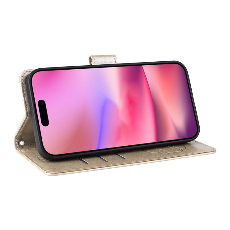 For iPhone 16 Leather Case Butterfly Floral Imprint Wallet Stand Cover - Gold