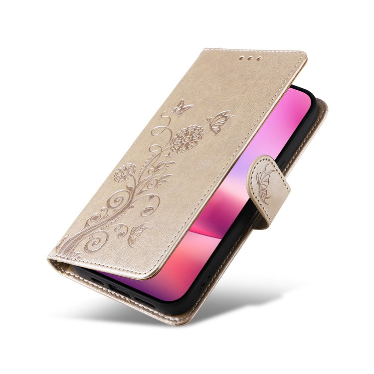 For iPhone 16 Leather Case Butterfly Floral Imprint Wallet Stand Cover - Gold