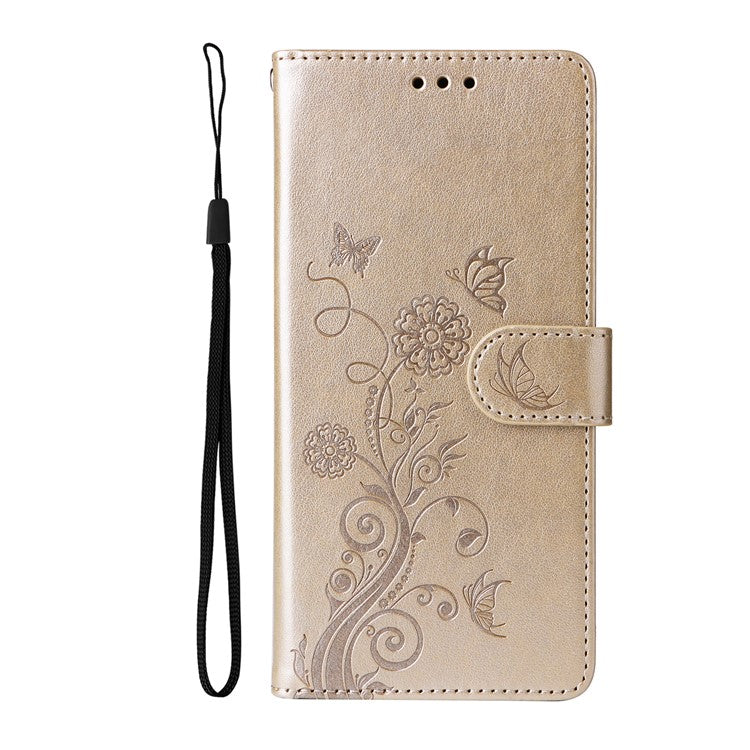 For iPhone 16 Leather Case Butterfly Floral Imprint Wallet Stand Cover - Gold