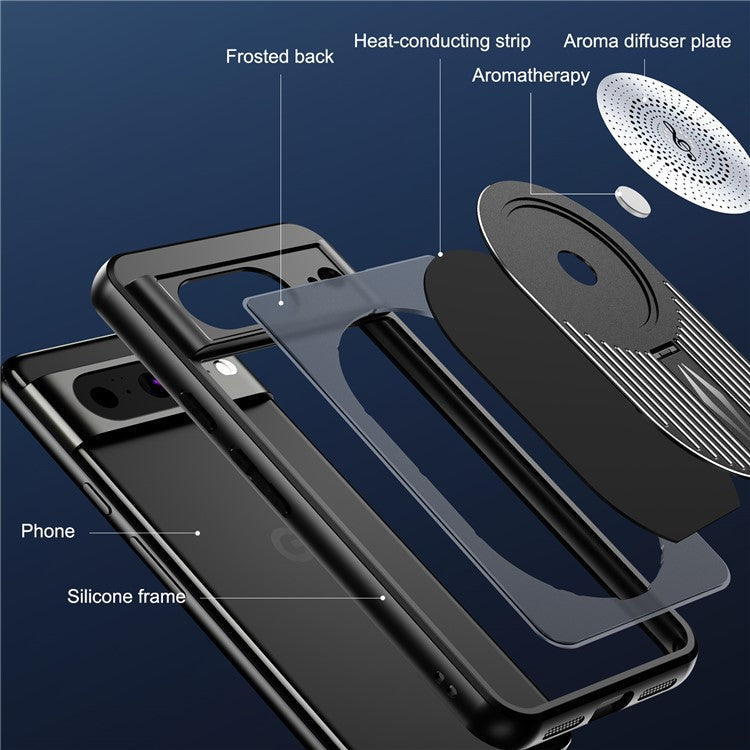 For Google Pixel 8 Case Compatible with MagSafe Heat Dissipation Aromatherapy Kickstand Silicone+PC Phone Cover - Black
