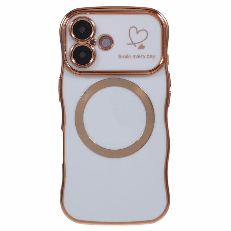For iPhone 16 Plus Magnetic Case Electroplating Curly Frame TPU Phone Cover Large Window - Ivory White