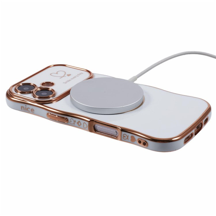 For iPhone 16 Plus Magnetic Case Electroplating Curly Frame TPU Phone Cover Large Window - Ivory White