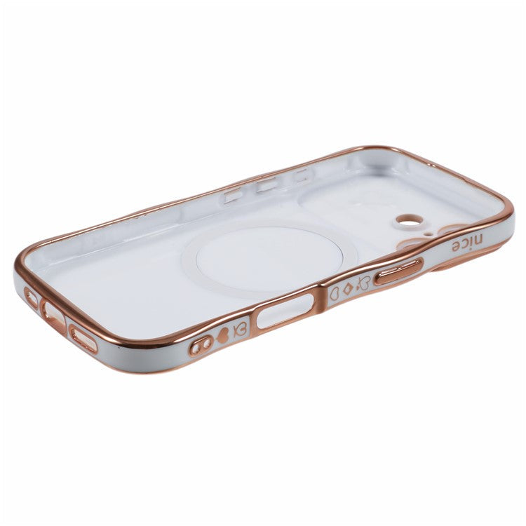 For iPhone 16 Plus Magnetic Case Electroplating Curly Frame TPU Phone Cover Large Window - Ivory White
