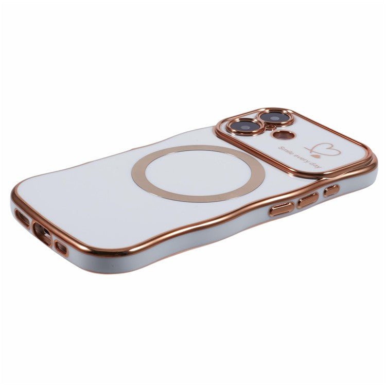 For iPhone 16 Plus Magnetic Case Electroplating Curly Frame TPU Phone Cover Large Window - Ivory White