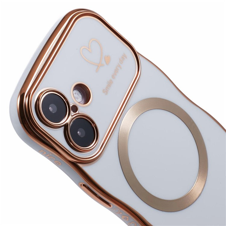 For iPhone 16 Plus Magnetic Case Electroplating Curly Frame TPU Phone Cover Large Window - Ivory White