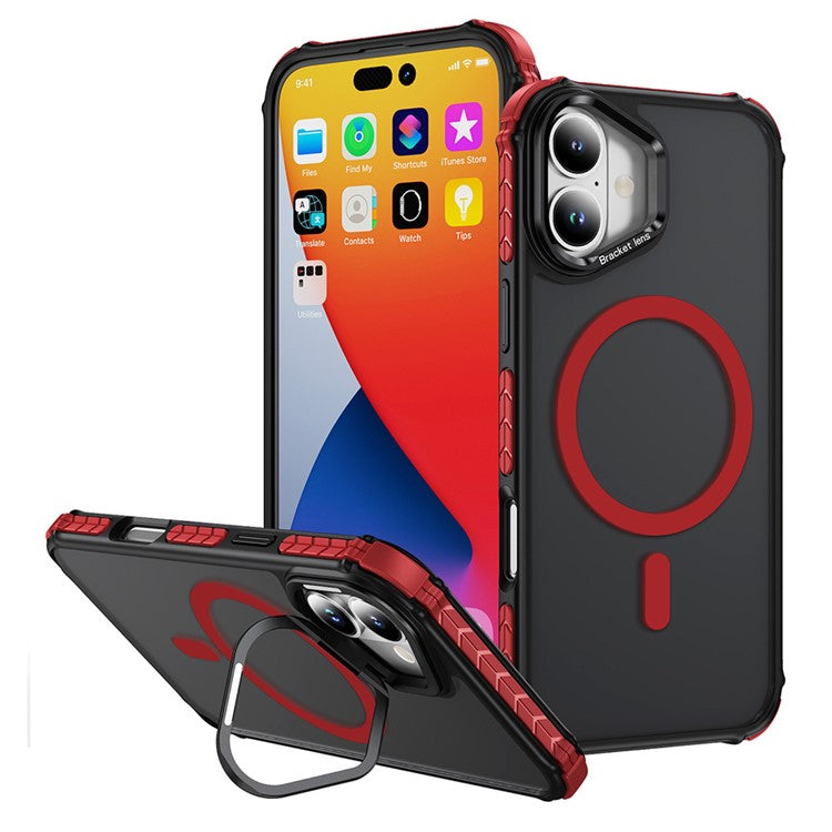 For iPhone 16 Plus Case with Lens Kickstand Matte Back Cover Compatible with MagSafe - Red / Black