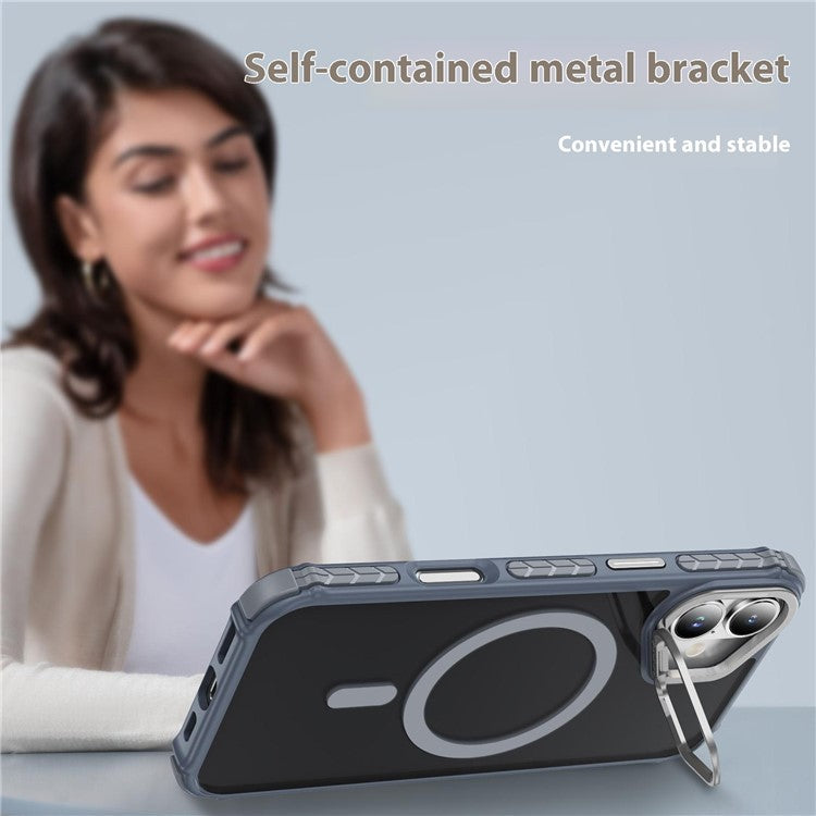 For iPhone 16 Case with Lens Kickstand Matte Back Cover Compatible with MagSafe - Grey