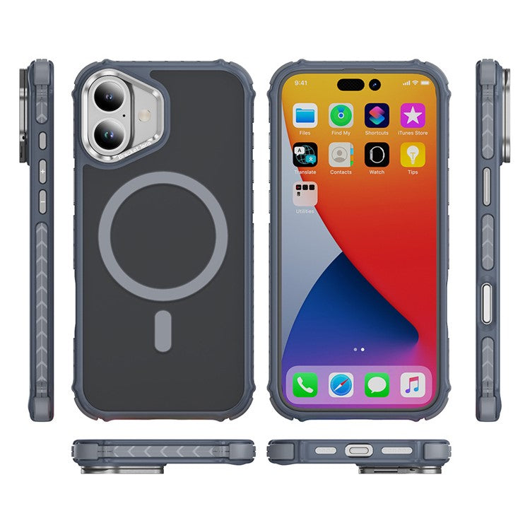 For iPhone 16 Case with Lens Kickstand Matte Back Cover Compatible with MagSafe - Grey