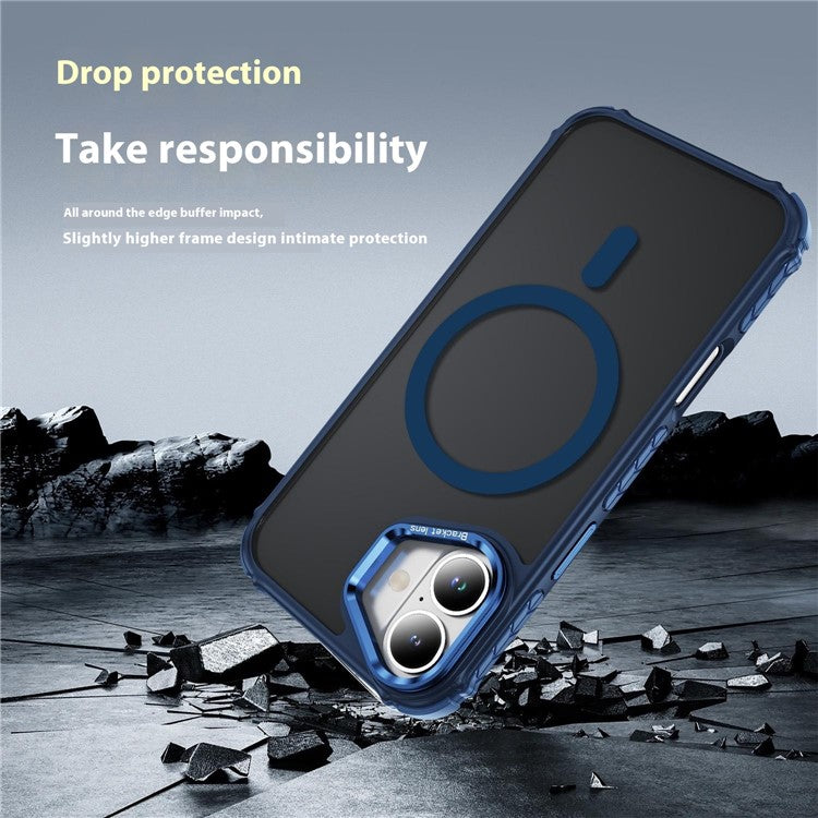 For iPhone 16 Case with Lens Kickstand Matte Back Cover Compatible with MagSafe - Blue