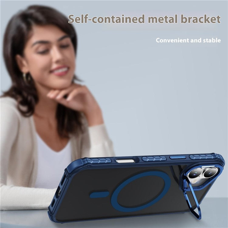 For iPhone 16 Case with Lens Kickstand Matte Back Cover Compatible with MagSafe - Blue
