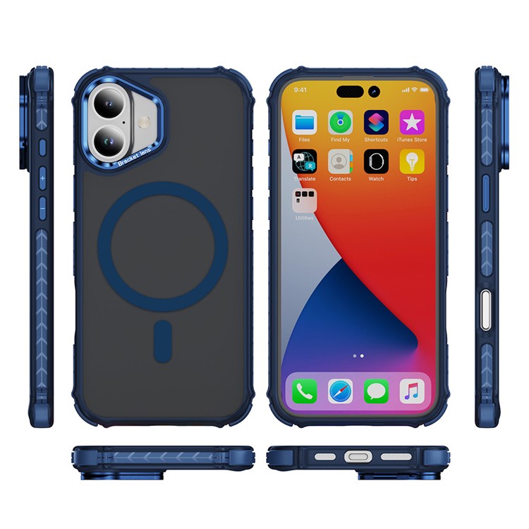 For iPhone 16 Case with Lens Kickstand Matte Back Cover Compatible with MagSafe - Blue
