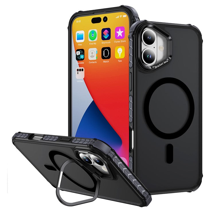 For iPhone 16 Case with Lens Kickstand Matte Back Cover Compatible with MagSafe - Black