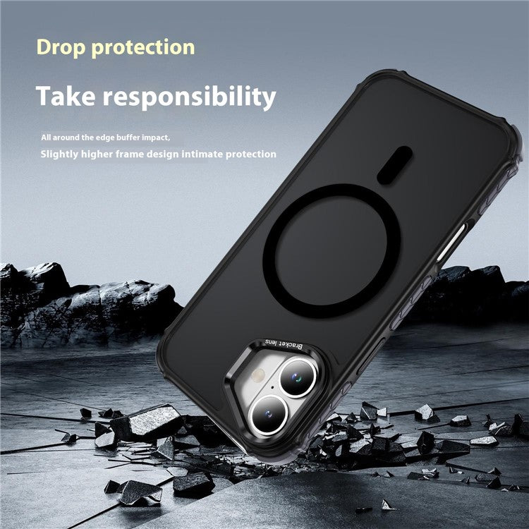 For iPhone 16 Case with Lens Kickstand Matte Back Cover Compatible with MagSafe - Black