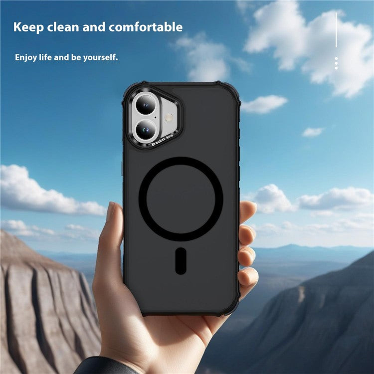 For iPhone 16 Case with Lens Kickstand Matte Back Cover Compatible with MagSafe - Black