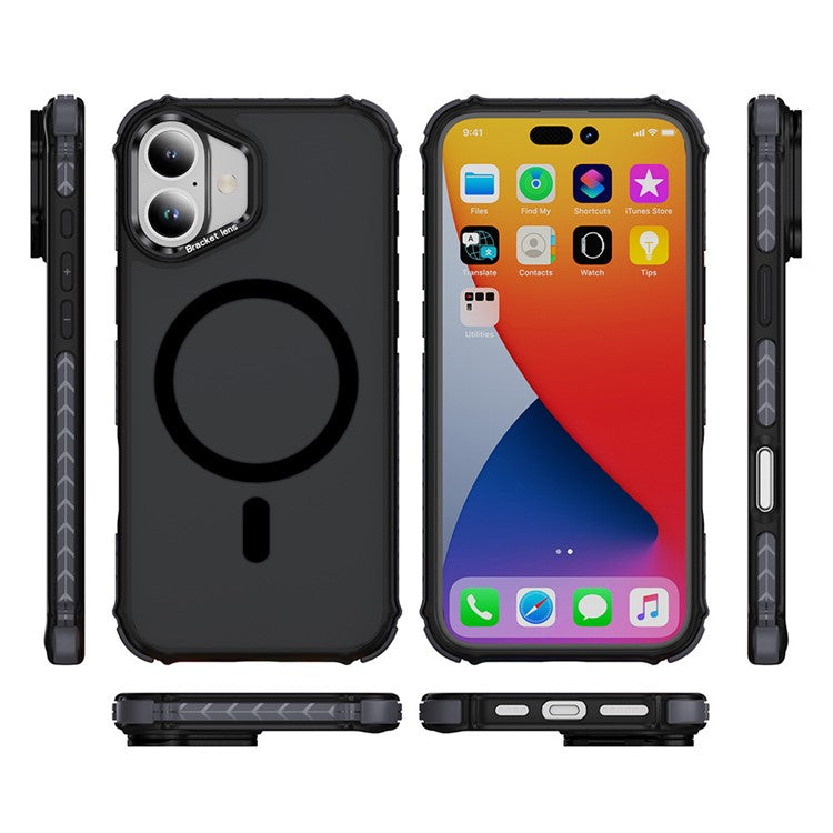 For iPhone 16 Case with Lens Kickstand Matte Back Cover Compatible with MagSafe - Black