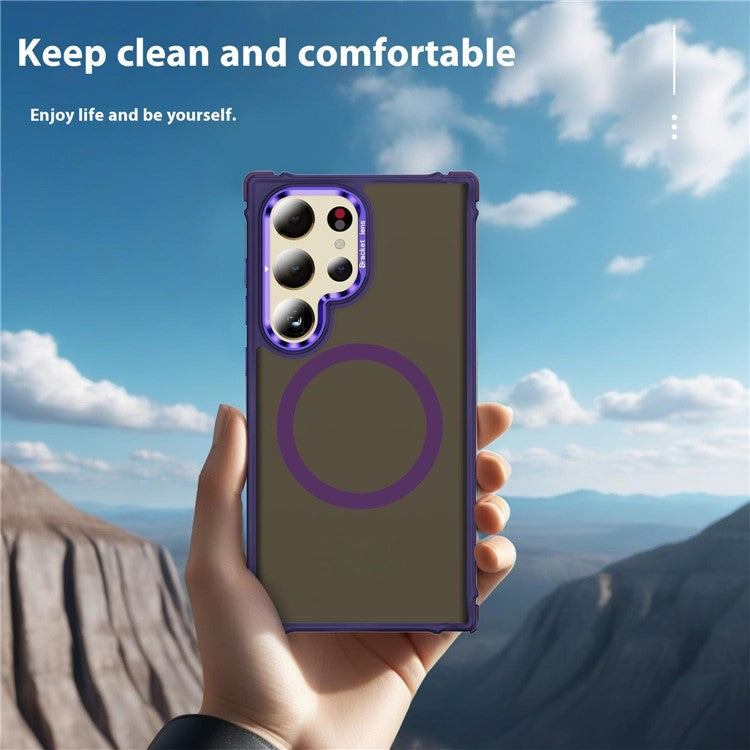 For Samsung Galaxy S23 Ultra Case with Lens Kickstand Matte Back Cover Compatible with MagSafe - Purple