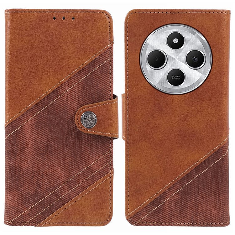 For Xiaomi Poco C75 4G / Redmi 14R 5G / 14C 4G Case Splicing Texture Leather Phone Cover Viewing Stand - Brown