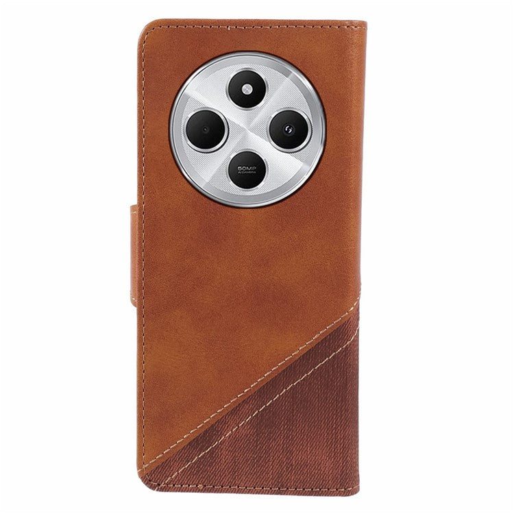 For Xiaomi Poco C75 4G / Redmi 14R 5G / 14C 4G Case Splicing Texture Leather Phone Cover Viewing Stand - Brown