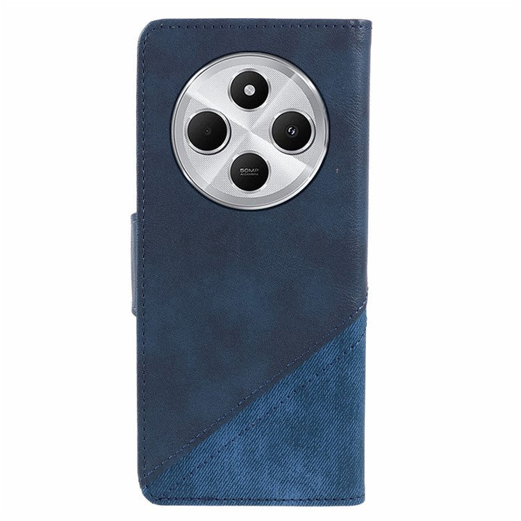 For Xiaomi Poco C75 4G / Redmi 14R 5G / 14C 4G Case Splicing Texture Leather Phone Cover Viewing Stand - Dark Blue