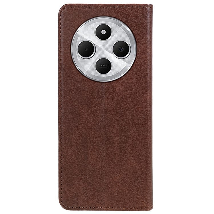 For Xiaomi Poco C75 4G / Redmi 14R 5G / 14C 4G Case Strong Magnetic PU Leather Phone Cover Calf Texture - Brown
