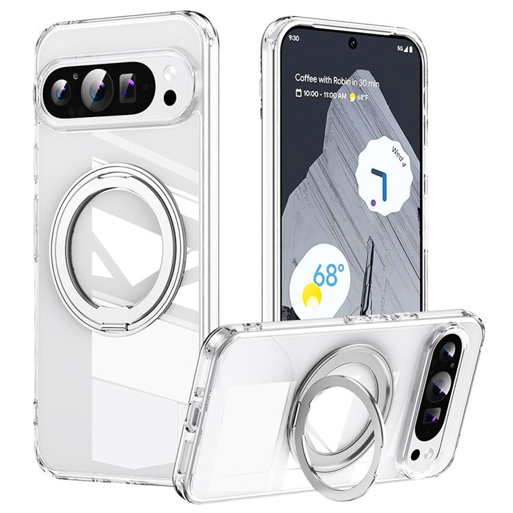 For Google Pixel 9 / Pixel 9 Pro Case Rotatable Magnetic Kickstand TPU+Acrylic Phone Cover - Transparent