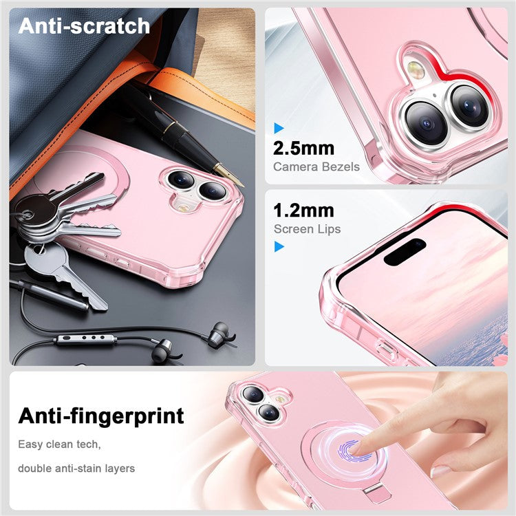 For iPhone 16 Case Small Wavy Edge Compatible with MagSafe Frosted Anti-Drop PC+TPU Phone Cover - Pink