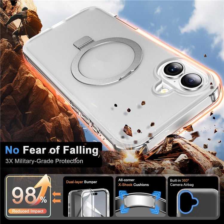 For iPhone 16 Plus Case Frosted TPU+PC Phone Cover with Magnetic Kickstand PET Screen Protector Compatible with MagSafe - Transparent