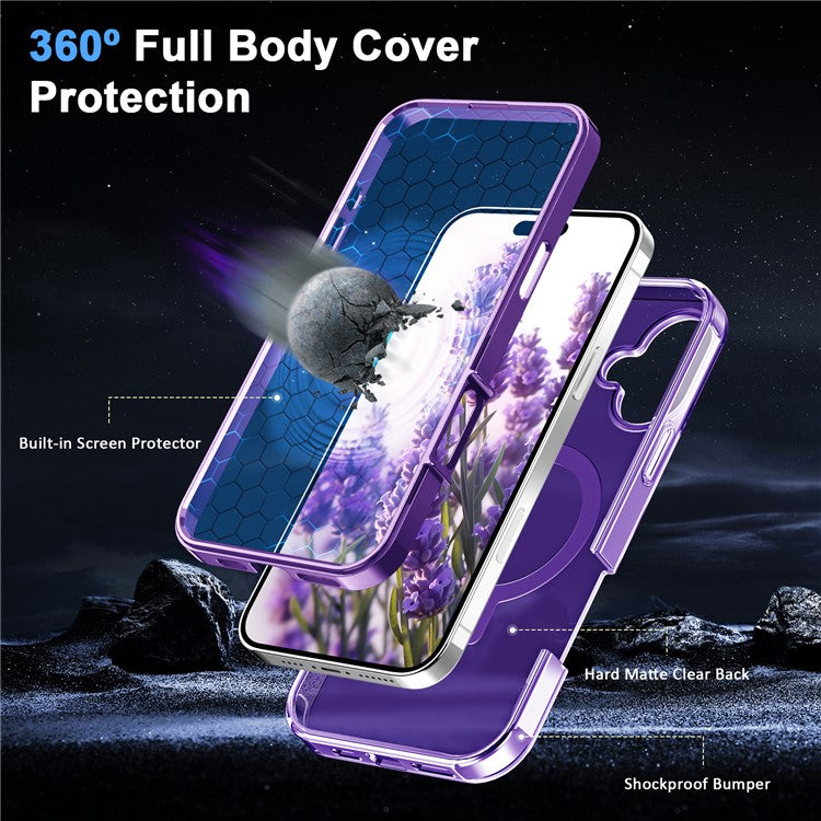 For iPhone 16 Plus Case Frosted TPU+PC Phone Cover with Magnetic Kickstand PET Screen Protector Compatible with MagSafe - Purple