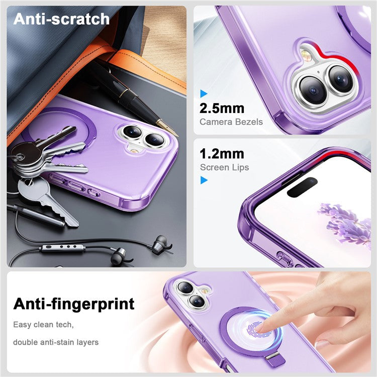 For iPhone 16 Plus Case Frosted TPU+PC Phone Cover with Magnetic Kickstand PET Screen Protector Compatible with MagSafe - Purple
