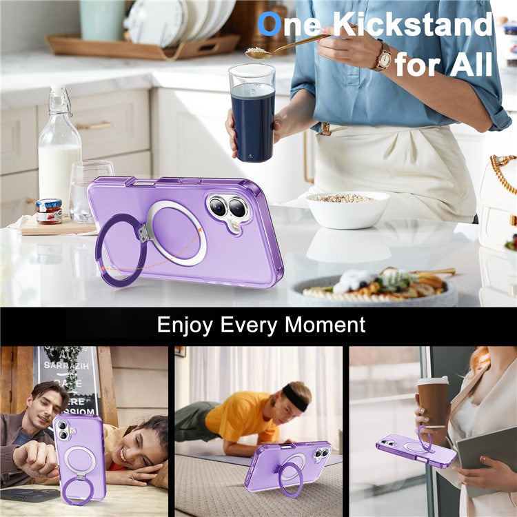 For iPhone 16 Plus Case Frosted TPU+PC Phone Cover with Magnetic Kickstand PET Screen Protector Compatible with MagSafe - Purple