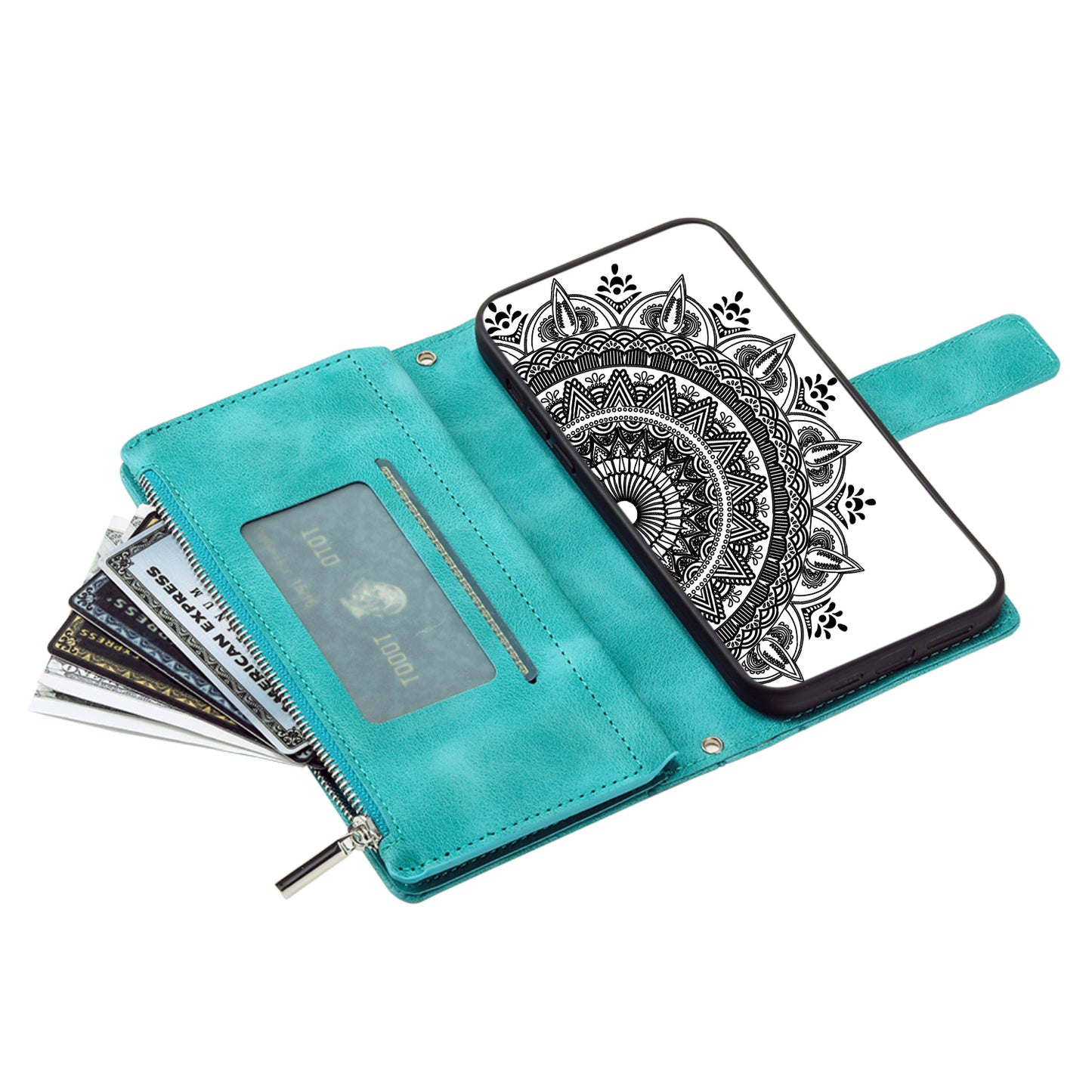 Style 006 For Samsung Galaxy A06 Wallet Case PU Leather Phone Cover Mandala Flower Pattern - Mint Green