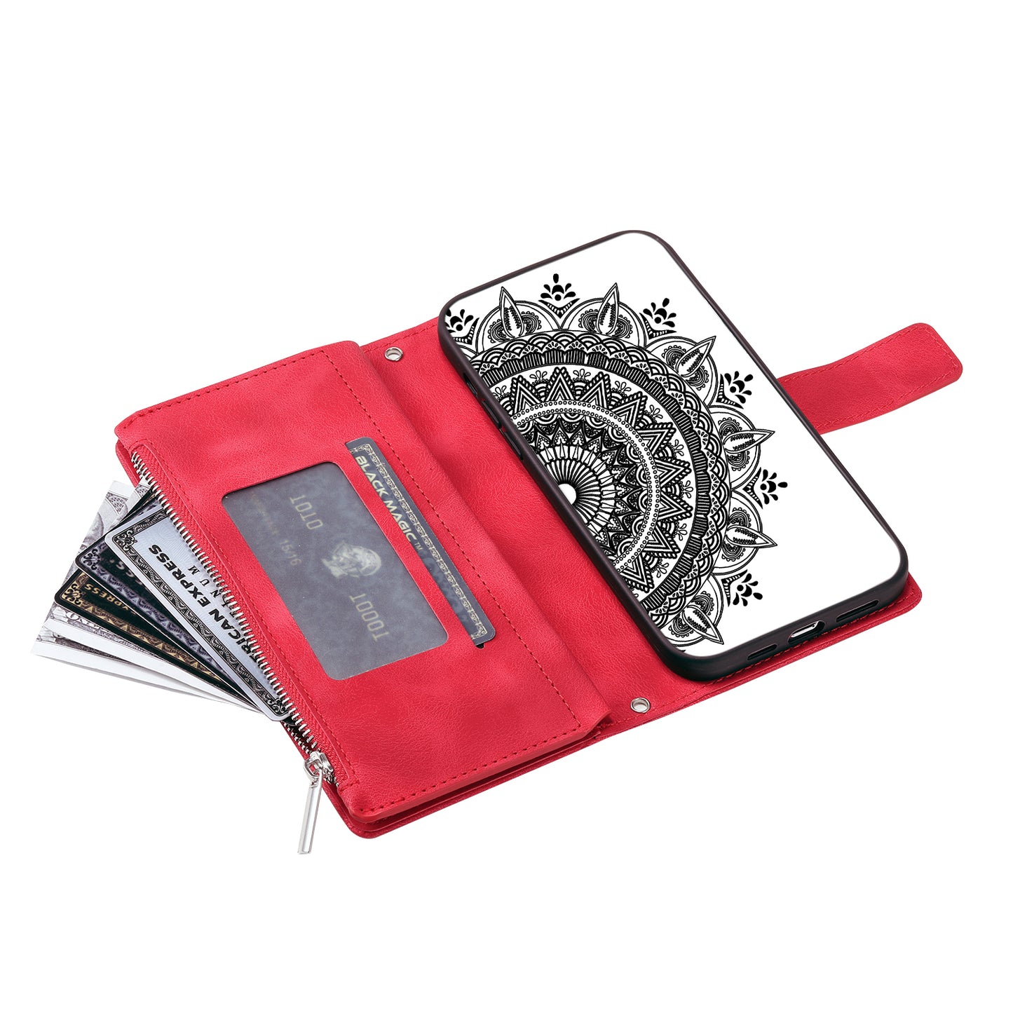 Style 006 For Samsung Galaxy A06 Wallet Case PU Leather Phone Cover Mandala Flower Pattern - Red