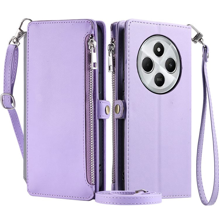 015 Style For Xiaomi Poco C75 4G / Redmi 14R 5G / 14C 4G Case TPU+PU Leather Wallet Phone Cover with Straps - Purple
