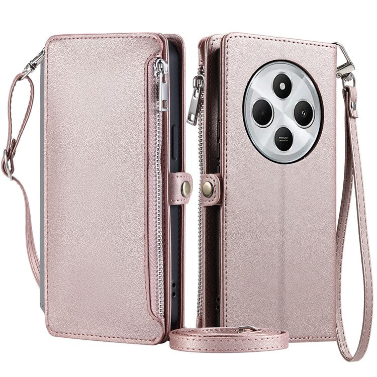 015 Style For Xiaomi Poco C75 4G / Redmi 14R 5G / 14C 4G Case TPU+PU Leather Wallet Phone Cover with Straps - Rose Gold