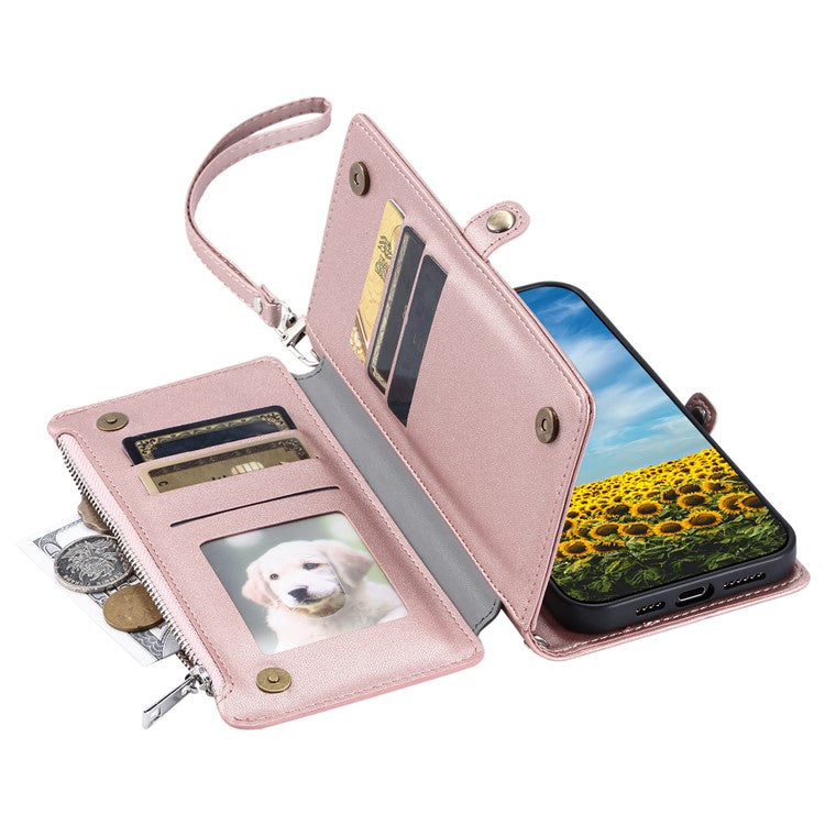 015 Style For Xiaomi Poco C75 4G / Redmi 14R 5G / 14C 4G Case TPU+PU Leather Wallet Phone Cover with Straps - Rose Gold