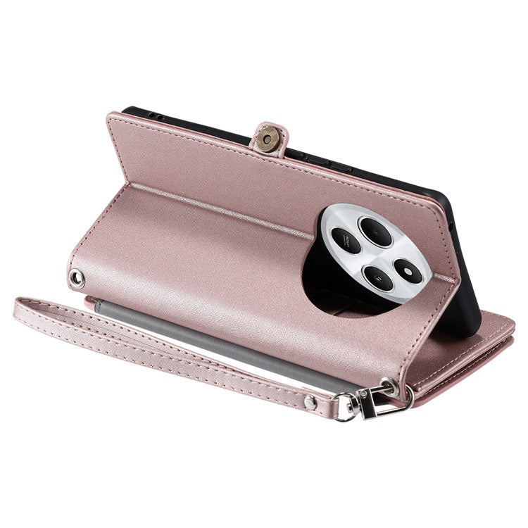 015 Style For Xiaomi Poco C75 4G / Redmi 14R 5G / 14C 4G Case TPU+PU Leather Wallet Phone Cover with Straps - Rose Gold