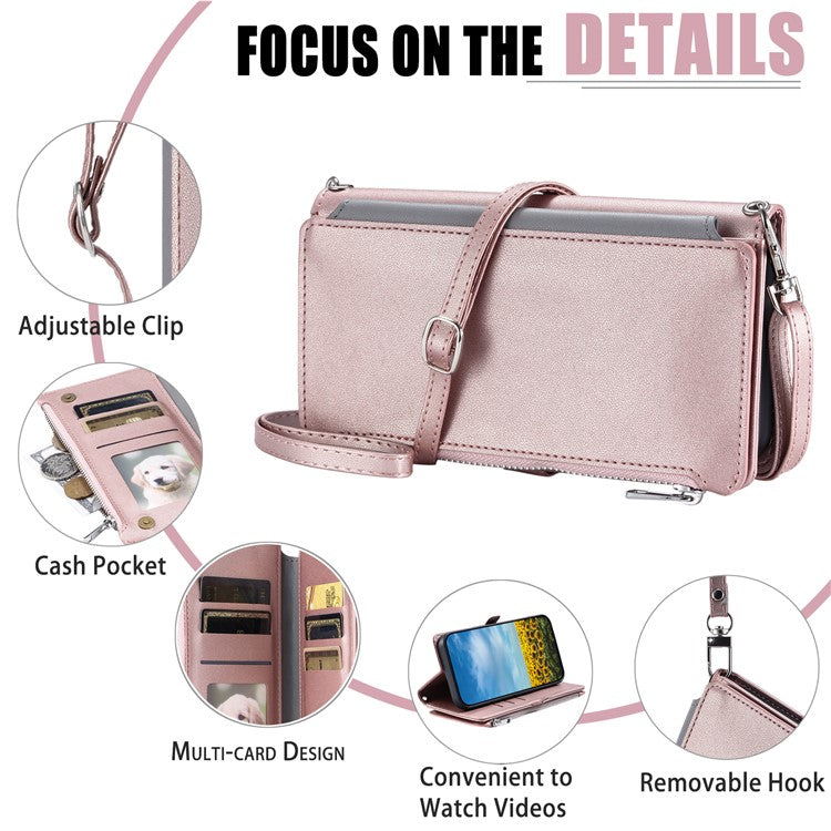 015 Style For Xiaomi Poco C75 4G / Redmi 14R 5G / 14C 4G Case TPU+PU Leather Wallet Phone Cover with Straps - Rose Gold