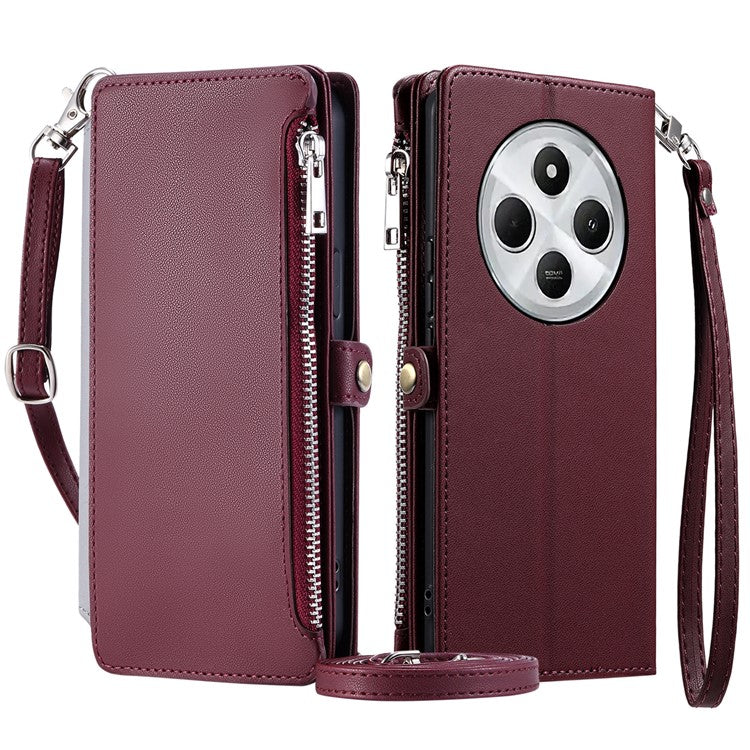 015 Style For Xiaomi Poco C75 4G / Redmi 14R 5G / 14C 4G Case TPU+PU Leather Wallet Phone Cover with Straps - Wine Red