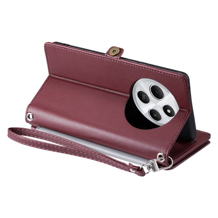 015 Style For Xiaomi Poco C75 4G / Redmi 14R 5G / 14C 4G Case TPU+PU Leather Wallet Phone Cover with Straps - Wine Red